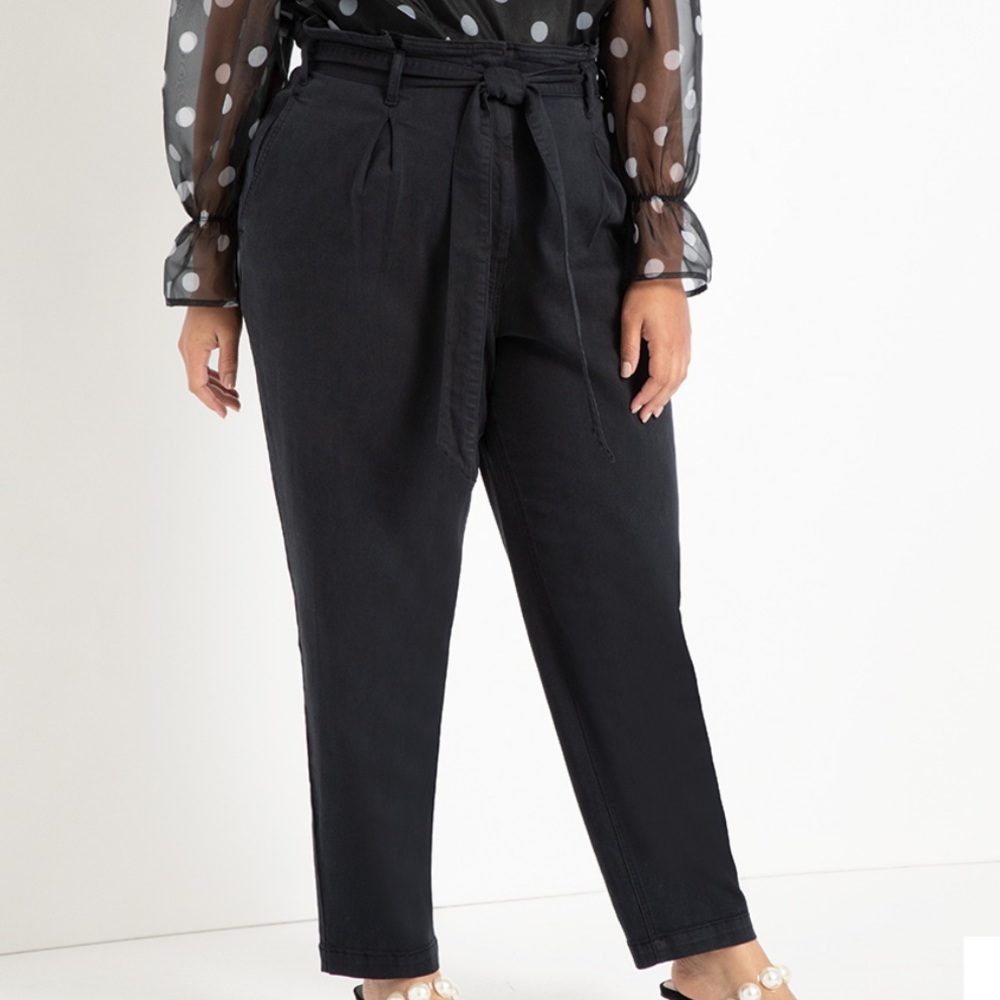 ELOQUII Black Denim Paper Bag Tie Waist Pants Size 20